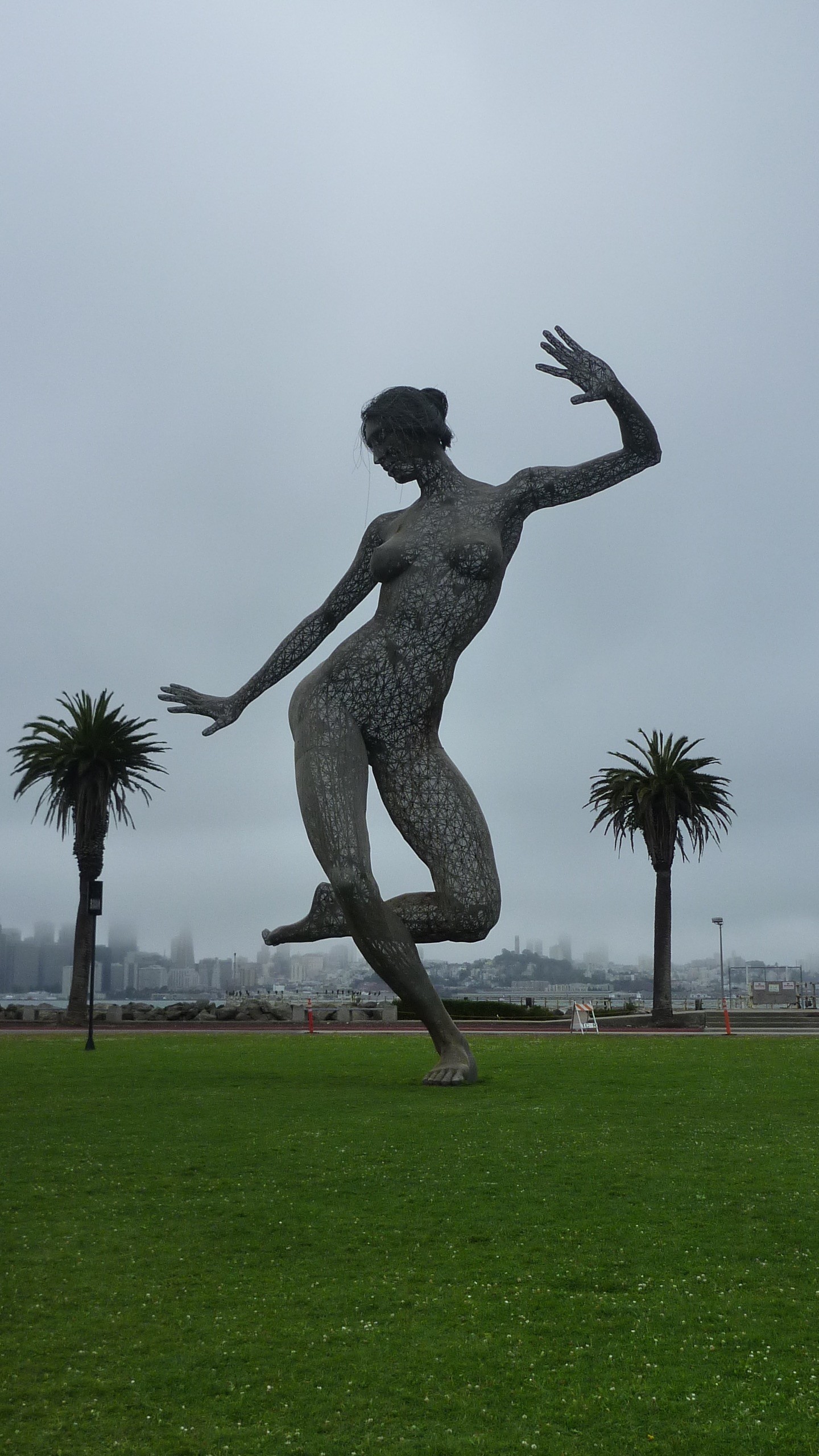 40 foot tall metal mesh sculpture of a nude woman standing on one foot with the other bent to her knee behind her. The arms are stretched out, one up, one down, giving the impression of being in the middle of a dance move. Hair is in a messy bun. The sculpture is located on a green lawn framed by two palm trees. It's a foggy day. A partial skyline of San Francisco can be seen in the background