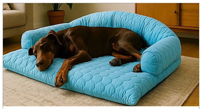 A pretty dog sleeps on a soft doggy couch.