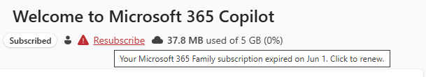 A screenshot from my Microsoft 365 account. I HAVE, in fact let it expire because I haven't been making use of it, but I wanted to ask CoPilot a thing and I forgot. 

When I log in, however it says:

"Welcome to Microsoft 365 Copilot", followed by a button/tag that says "Subscribed", IMMEDIATELY followed by a red hazard triangle icon and the word "Resubscribe" which if you mouse over says "Your Microsoft 365 Family subscription expired on Jun 1. Click to renew". 

Again, its true - I had …