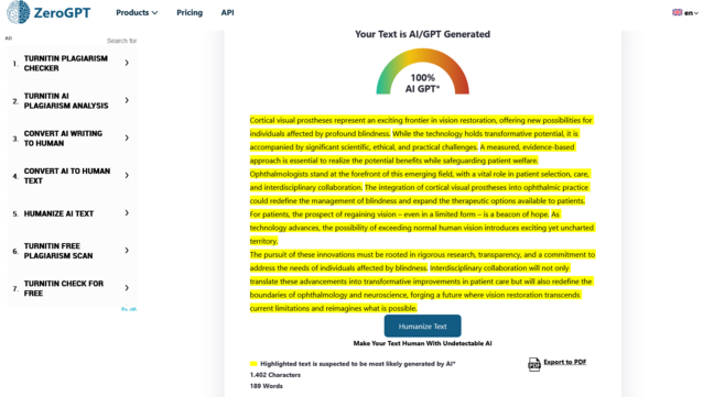 ZeroGPT screenshot for text in Conclusions section.