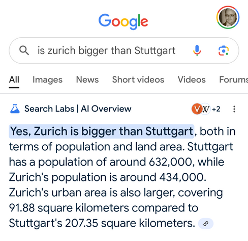 Google Search AI Overview screenshot.
Query: is zurich bigger than Stuttgart? 
Answer: Yes, Zurich is bigger than Stuttgart, both in terms of population and land area. Stuttgart has a population of around 632,000, while Zurich's population is around 434,000. Zurich's urban area is also larger, covering 91.88 square kilometers compared to Stuttgart's 207.35 square kilometers.