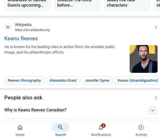 Google page showing results for Keanu Reeves. First result is his wikipedia entry. Under "People also ask" the first question is "why is Keanu Reeves Canadian?"