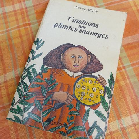 La couverture de Denise Allaire, Cuisinons nos plantes sauvages.

Le dessin montre une femme derrière des plantes vertes qui nous montre une omelette aux fleurs, champignons et herbes dans une poêle. La femme est vetue d'orange et, en plus des grands ongles rouges, a une tête qui rappelle une miche de pain.