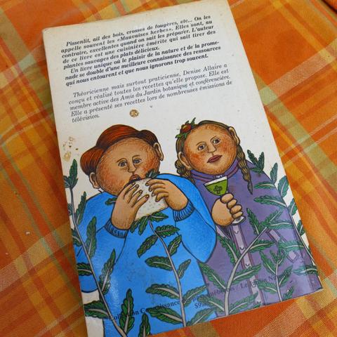 La quatrième de couverture de Denise Allaire, Cuisinons nos plantes sauvages.

Le dessin montre des enfants, chacun avec une tête qui rappelle une miche de pain, derrières les mêmes plantes que sur la couverture. Le garçon, vetu en bleu, mange un sandwich et la fille, vetue en violet et avec une fleur dans les cheveux, tient ce qui a l'air d'un cocktail vert.

On y lit aussi du texte décrivant le livre et son auteure.