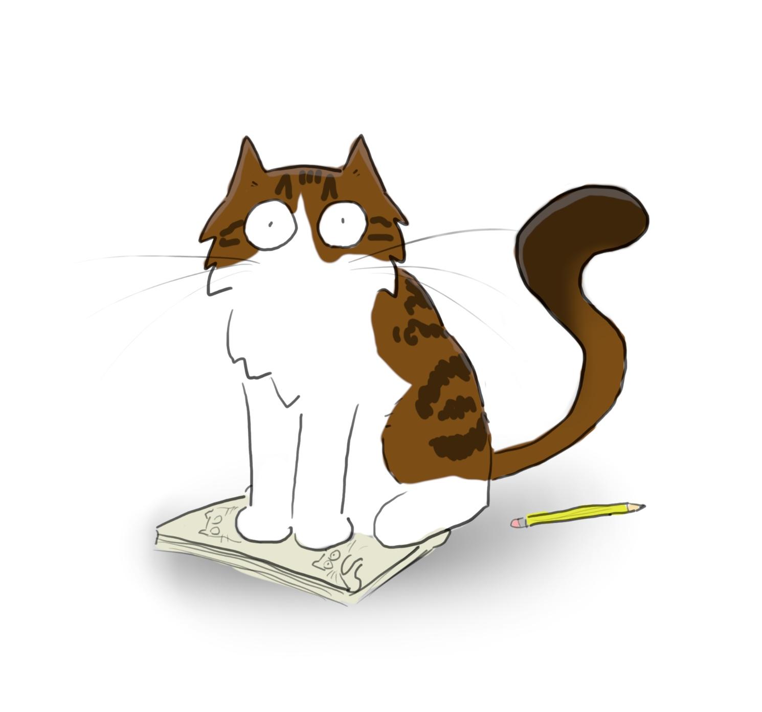 A cartoon of a tabby and white Maine Coon cat sitting on a notepad covered in cat sketches.