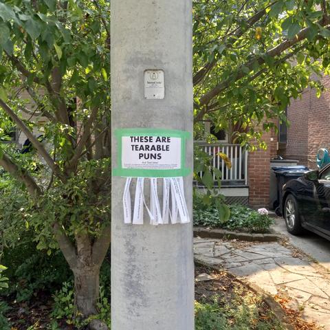 A printed paper sign attached to an electric pole with green masking tape in a front of a tree with houses and a car visible in the background. The sign has tabs hanging off for passersby to take.

The sign reads: THESE ARE TEARABLE PUNS And 'Dad Jokes'
By June 2025, I had shared the full 340 joke collection, so I'm changing things up. I'll now post random reprints from the archives, shared between December 2022 and June 2025. You'll see jokes repeated but won't have to wait until the start of …