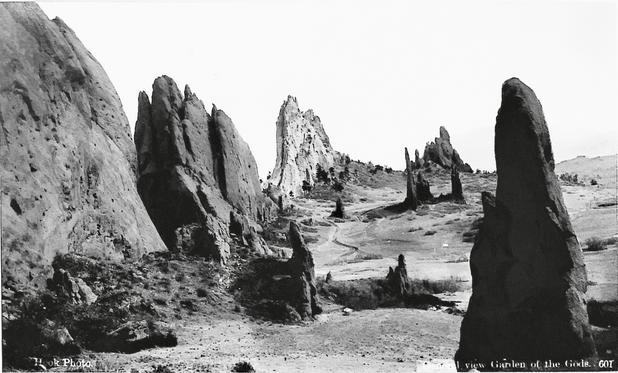 120 years old photo of the Garden of the Gods, Colorado Springs, USA--showing rock towers hundreds of feet tall.