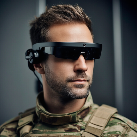 Soldier wearing AI-designed smart glasses for The vOICe sensory substitution for the blind.