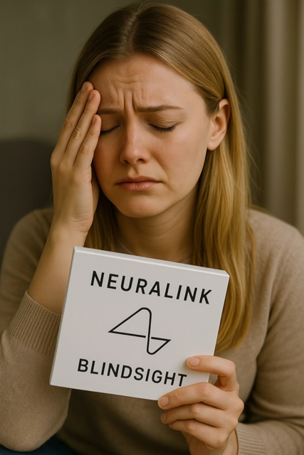 AI-generated video of a blind woman holding a white package labeled "Neuralink Blindsight", while in tears.