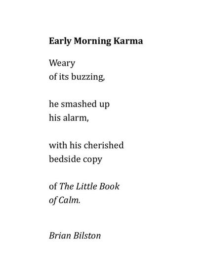 Early Morning Karma

Weary 
of its buzzing,

he smashed up 
his alarm,

with his cherished 
bedside copy

of The Little Book 
of Calm.