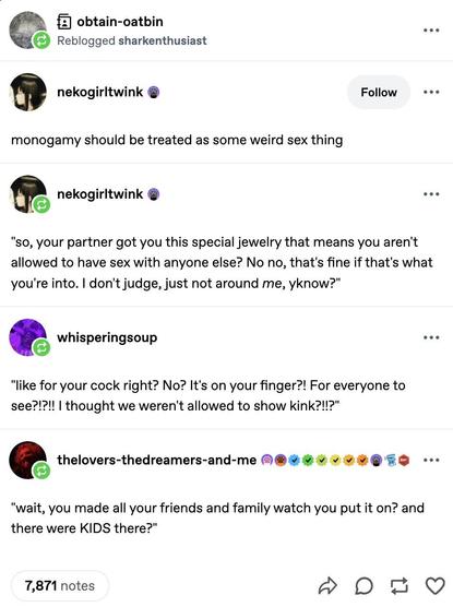 The image shows a series of comments on a social media post, with the original post by "obtain-oatbin" reblogged from "sharkenthusiast." The comments are from users "nekogirltwink," "whisperingsoup," and "thelovers-thedreamers-and-me." The comments humorously critique the concept of monogamy, with "nekogirltwink" suggesting that monogamy should be treated as a "weird sex thing" and questioning the exclusivity implied by "special jewelry." "Whisperingsoup" humorously comments on the visibility o…