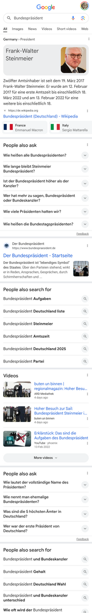 Screenshot of the Google result for Bundespräsident, part one