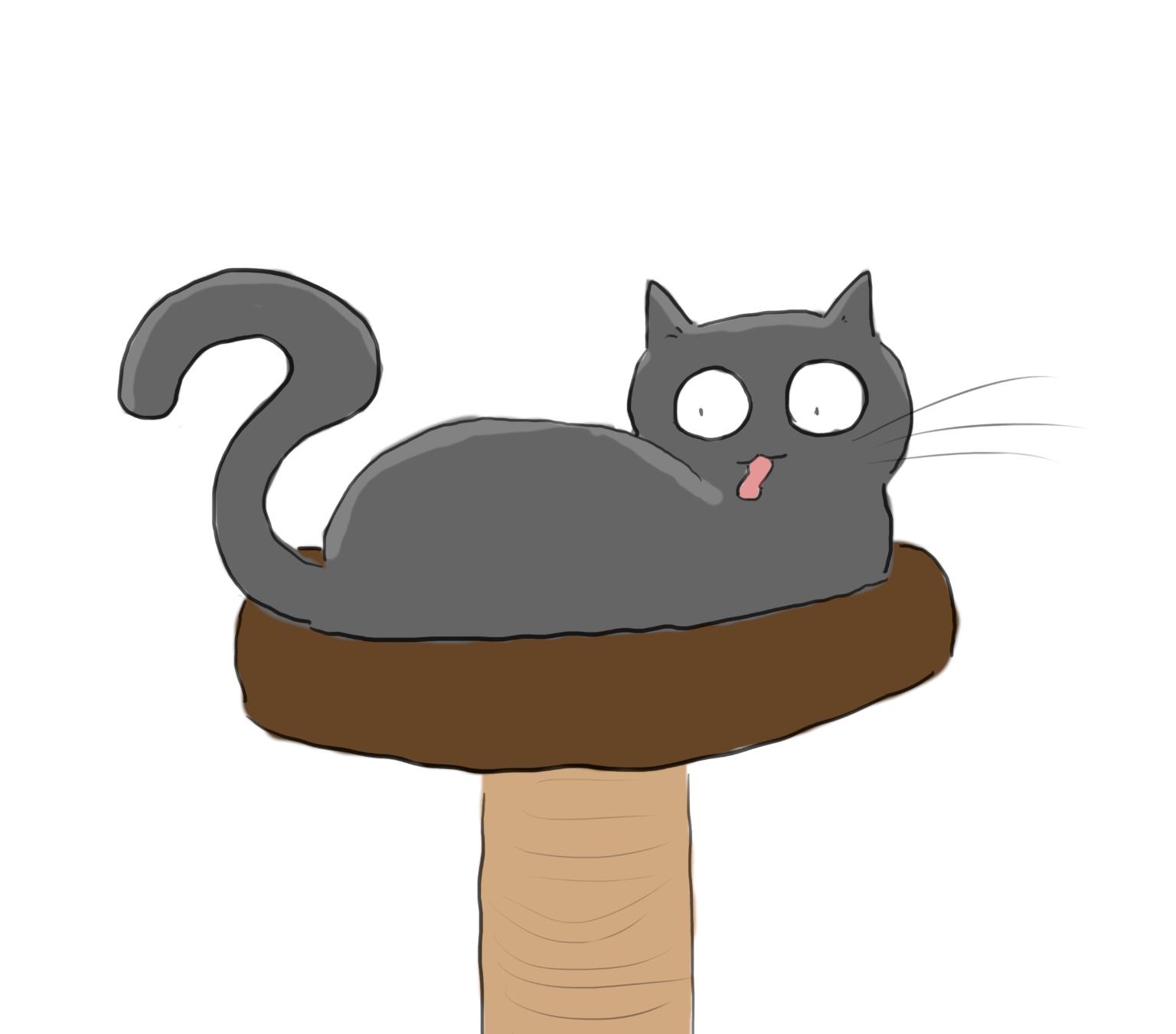A cartoon of a grey cat on top of a cat tower, licking the fur on its back.