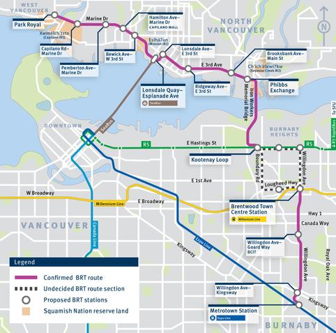 A transit route diagram with 2 alternatives in North Burnaby for the proposed new bus service