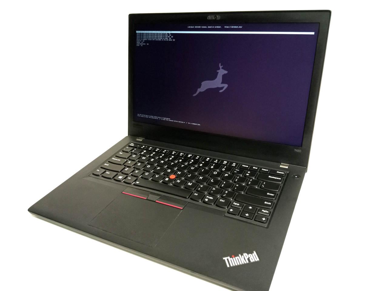ThinkPad T480 with Libreboot pre-installed. This photo shows the Libreboot boot menu, via the GNU GRUB payload. ThinkPad T480 with Libreboot pre-installed. This photo shows the Libreboot boot menu, via the GNU GRUB payload.