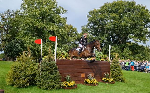 A horse and rider jumping a tall, solid wooden fence, between red and white flags. The fence is decorated with small fir trees to the side and flowers along the top, and is located on a grassy slope with old trees behind. Horse and rider are totally focused, and the front hooves are just over the top.